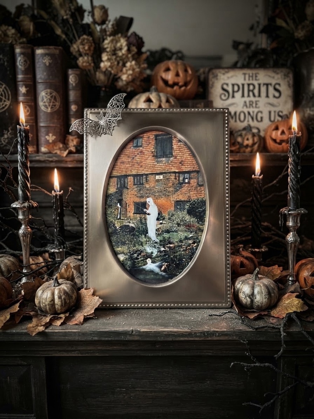 Ghosts out at the country cottage Antique Brass Oval Frame with Beaded Edge